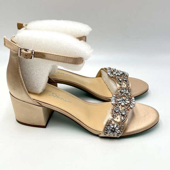 7W 7 WIDE WIDTH Betsey Johnson Mel Champagne Satin Dress Sandals Heels Shoes - Picture 1 of 15